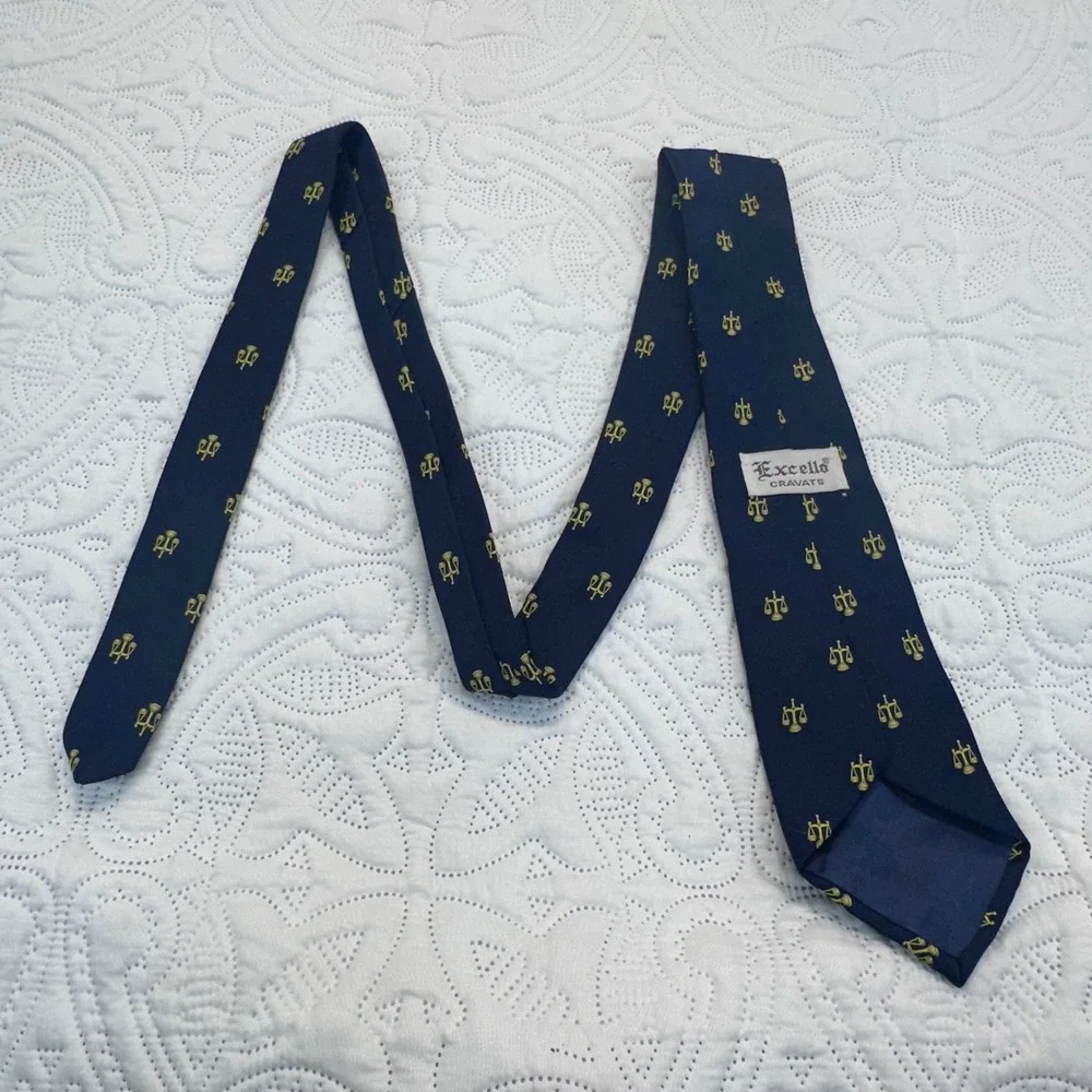 Excello Cravats Mens Navy Blue Gold Scales of Justice Law Professional Necktie